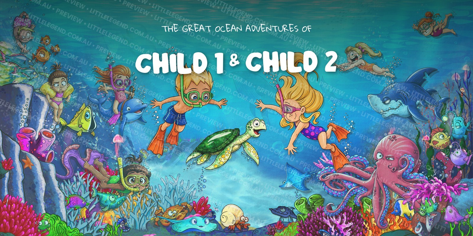 Personalised children's ocean adventure poster with custom name and character